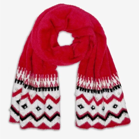 Boston Proper Pearl Embellished Scarf Red Multi - Picture 1 of 4